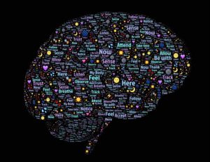 Ilustración de un cerebro lleno de palabras